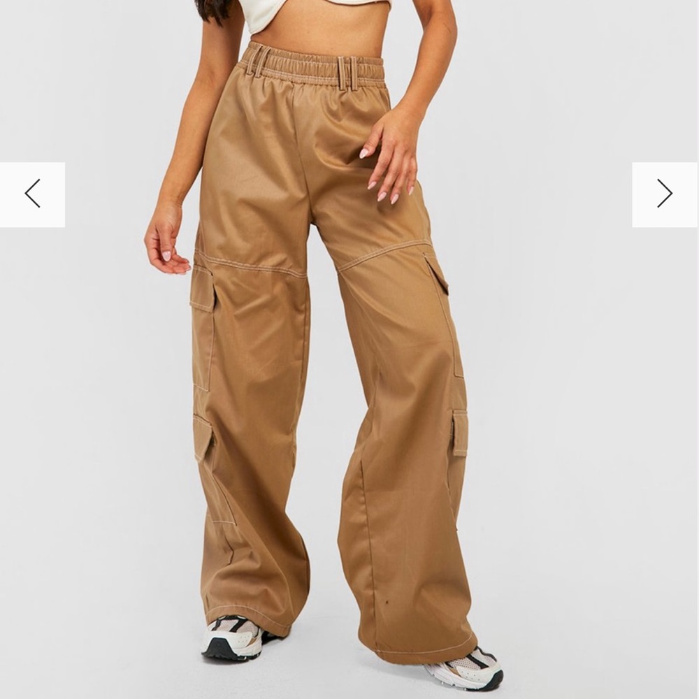 PETITE CONTRAST STITCH WIDE LEG POCKET CARGOS